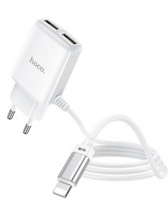 Hoco : Cargador de red 2xUSB 2.4A + Cable Lightning - blanco (blíster) 2
