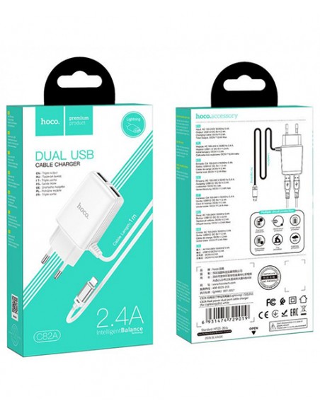 Hoco : Cargador de red 2xUSB 2.4A + Cable Lightning - blanco (blíster)