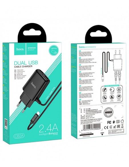 Hoco : Cargador de red 2xUSB 2.4A + Cable Lightning - negro (blíster)