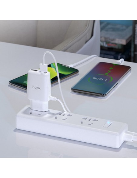 Hoco : Cargador de red 2xUSB 2.4A + Cable microUSB - blanco (blíster)
