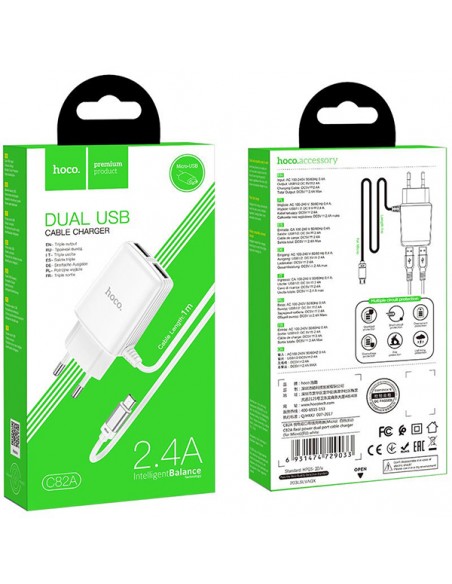 Hoco : Cargador de red 2xUSB 2.4A + Cable microUSB - blanco (blíster)
