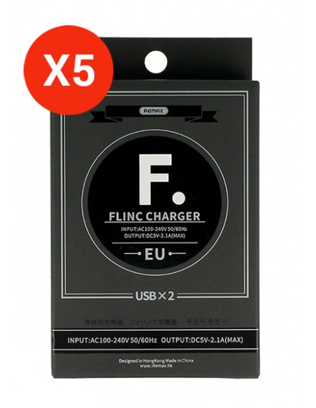 Remax : Cargador de red Flinc 2.1A - negro (2 enganches USB) (blíster) (Pack de 5)