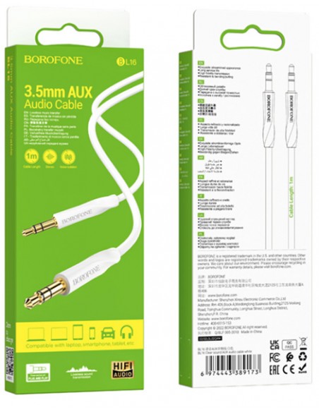 Borofone : Adaptador audio BL16 jack 3.5mm (macho - macho) - blanco (blíster)