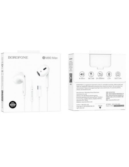 Borofone : Manos libres con cable BM80 Max Gorgeous (USB-C) - blanco (blíster)