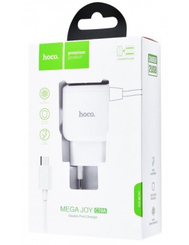 Hoco : Cargador de red 2xUSB 2.1A (microUSB) - blanco (blíster)