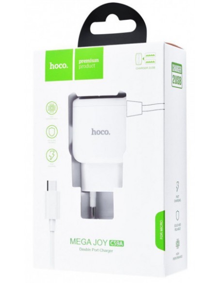 Hoco : Cargador de red 2xUSB 2.1A (microUSB) - blanco (blíster)
