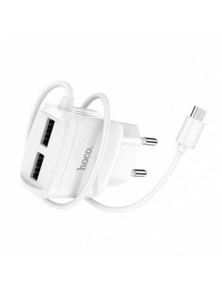 Hoco : Cargador de red 2xUSB 2.1A (microUSB) - blanco (blíster)