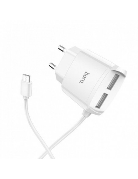 Hoco : Cargador de red 2xUSB 2.1A (microUSB) - blanco (blíster)