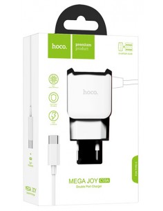 Hoco : Cargador de red 2xUSB 2.1A (Type-C) - blanco (blíster)