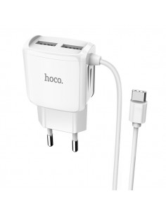 Hoco : Cargador de red 2xUSB 2.1A (Type-C) - blanco (blíster) 2