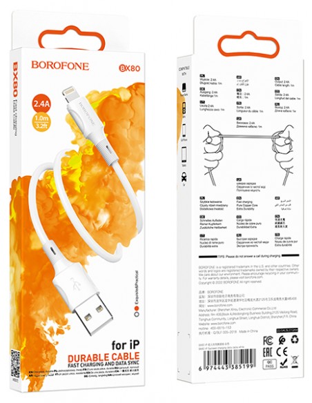 Borofone : Cable de datos BX80 (USB-A / Lightning) - blanco (blíster)