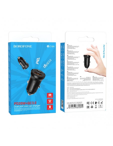 Borofone : Cargador de coche BZ18A (1 x USB-C 20W / 1 x USB-A 18W) - negro (blíster)