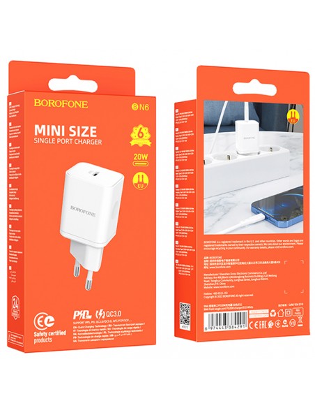 Borofone : Cargador de red BN6 QuickCharge 3.0 (1 x USB-C) 20W - blanco (blíster)