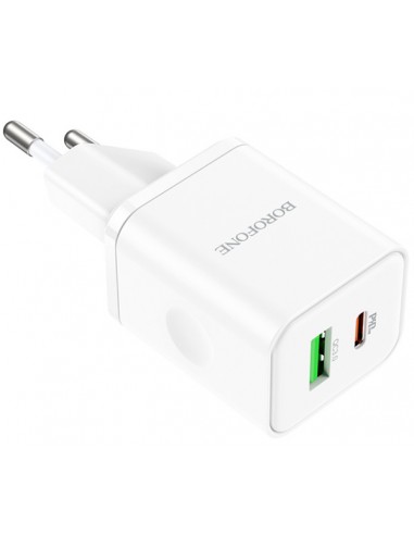 Borofone : Cargador de red BN7 QuickCharge 3.0 (1 x USB-C + 1 x USB-A) 20W - blanco (blíster)