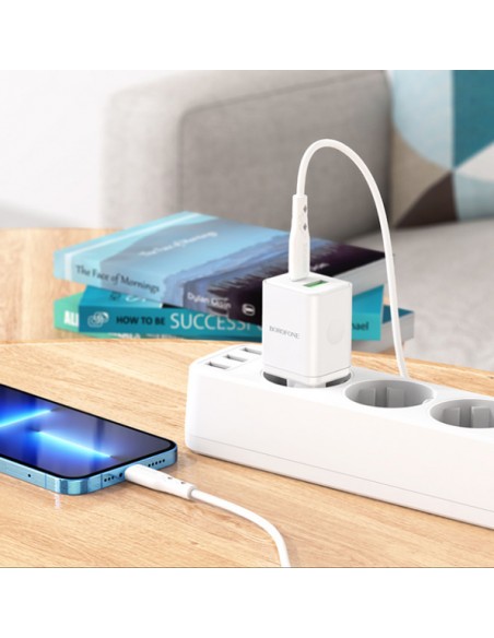 Borofone : Cargador de red BN7 QuickCharge 3.0 (1 x USB-C + 1 x USB-A) 20W - blanco (blíster)