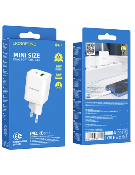 Borofone : Cargador de red BN7 QuickCharge 3.0 (1 x USB-C + 1 x USB-A) 20W - blanco (blíster)