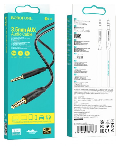 Borofone : Adaptador audio BL16 jack 3.5mm (macho - macho) - negro (blíster)