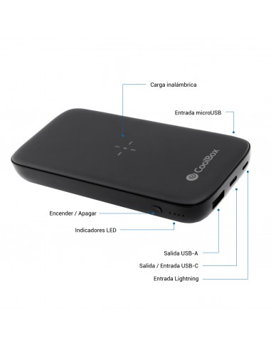 CoolBox : POWERBANK QI INALAMBRICO/USB-A/USB-C/MICROUSB/LIGHTING 10.000MAH NEGRO