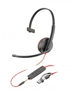 HP Poly : Auriculares monoaurales Poly Blackwire 3215 USB-C + Conector de 3,5 mm + Adaptador USB-C/A
